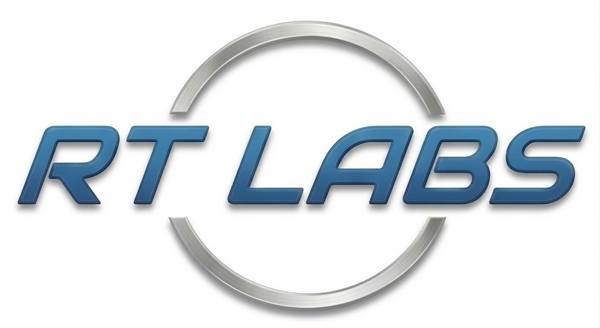RT Labs logo with blue text and silver circular design on a white background